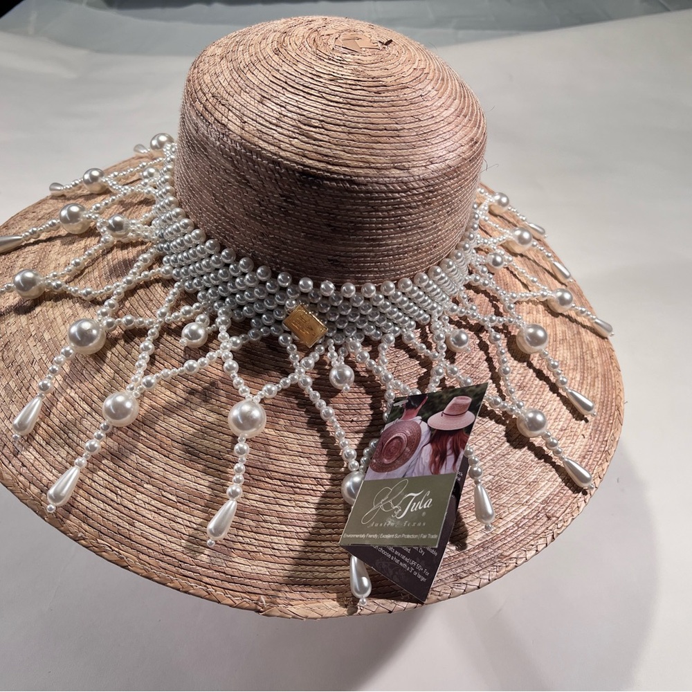 Kentucky Derby Elegant Palm Hat with Pearl Accents 5 1/2” wide brim NWT - Picture 3 of 7